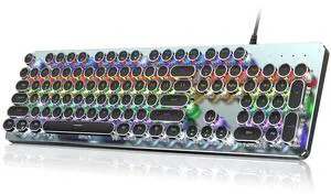 RisoPhy Typewriter Style Mechanical Gaming Keyboard, Metal Panel, Retro Punk Round Keycaps, Clicky Blue Switch, Rainbow LED Backlit, 104 Keys Wired Keyboard, Round Keycaps for PC Laptop Mac Gamer RisoPhy Typewriter Style Mechanical Gaming Keyboard, Metal Panel, Retro Punk Round Keycaps, Clicky Blue Switch, Rainbow LED Backlit, 104 Keys Wired Keyboard, Round Keycaps for PC Laptop Mac Gamer