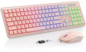 Wireless Keyboard and Mouse Combo, RGB Backlit, Rechargeable & Light Up Letters, Full-Size, Soft Typing, Sleep Mode, 2.4GHz Quiet Keyboard Set for Mac, Windows, Laptop, PC, Trueque (Pink)