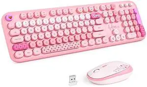 Wireless Keyboard and Mouse Combo, MOWUX Full Size Typewriter Retro Round Computer Keyboard, Cute Optical Mouse Wireless, Plug and Play, for Laptop, PC, Computer- Pink Heart