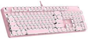 Typewriter Mechanical Gaming Keyboard with White Light Backlit Red Switches, 104 Keys Retro Round Keycap, Wired Typewriter Style Comfortable Typing Soud (Pink LED)