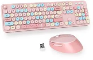 Owpkeenthy Pink Keyboard and Mouse Wireless, Cute Colorful Typewriter Keyboard Full-Sized with Number Pad Round Keycaps for Desktop, Laptop and Computer(Coloful Pink)