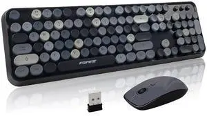 FOPETT Wireless Keyboard and Mouse Combo - 2.4G Full-Sized Cute Colorful Retro Keyboard with Round Keycaps 104 Keys Typewriter Keyboard for Laptop/Windows/PC - Grey Colorful