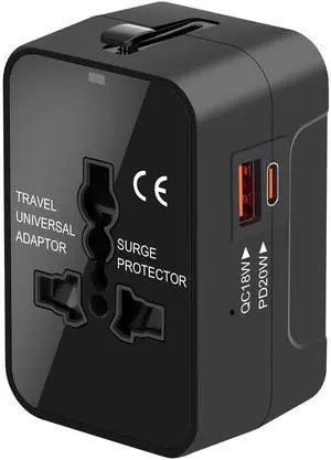 Universal Travel Adapter Worldwide, GaN Fast Charging with PD 3.0 USB-C & USB-A Quick Charge Ports, All-in-One International Power Plug Adapter Converter AC Wall Charger for Europe USA UK AUS Black