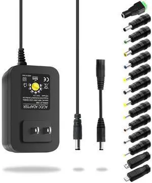 Aclorol Universal Power Adapter 30W 12V 9V 7.5V 6V 5V 4.5V 3V Adjustable Variable Power Supply AC/DC Adapter Converter Switching 100V-240V AC to DC 3V-12V with Polarity Converter & 14 Tips