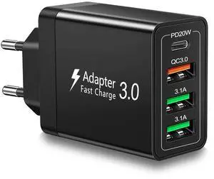 European Plug Adapter 40W 4 Port European USB C Charger, PD20W QC3.0 Europe USB C Charger Block US to Europe Plug Adapter for iPhone 17 16 15 14 13 12 11 Plus Pro Max X 8, Galaxy, Android