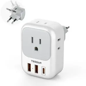 TESSAN European Travel Plug Adapter, Europe Adapter with 4 Outlets and 3 USB(1 USB C PD 20W), International Foldable Plug Type C Power Adaptor for EU Spain France Italy Germany Portugal Iceland