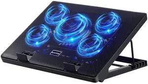 Kootek Laptop Cooling Pad, Laptop Cooler with 5 Quiet Fans for 12"-17" Computer PC Notebook Gaming Laptop Fan, Height Adjustable Laptop Cooling Stand Laptop Accessories, Blue