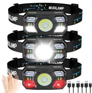 3 Pack Headlamp Rechargeable, 1200 Lumens LED Head Lamp with Red Light, Motion Sensor, 10 Modes, 60° Adjustable Head Lights for Forehead, IPX5 Waterproof Headlamps for Adults - Running,Camping,Hiking