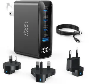 100W USB C Travel Charger, 4-Ports Foldable Travel Adapter Plug Converter with UK/EU/AU Plugs, Fast Charging for MacBook Pro/Air, iPad Pro, iPhone 15/14 Pro Max, for 45w Samsung Galaxy, Black