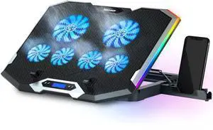 TopMate C11 Laptop Cooling Pad RGB Gaming Notebook Cooler, Laptop Fan Stand Adjustable Height with 6 Quiet Fans and Phone Holder, Computer Chill Mat, for 15.6-17.3 Inch Laptops - Blue LED Light