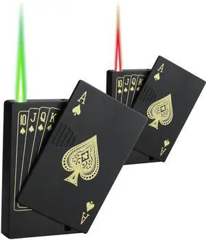 Jet Torch Lighter, 2 Pack, Green+Red Flame Ace Card Lighter, Cool Lighter Windproof Poker Design, Refillable Butane, for Outdoor, Indoor, Camping, BBQ, Candle, Birthday, Gift (Without Gas)