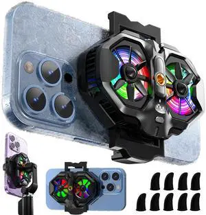 Mikirini Mobile Phone Cooler with RGB Backlight and Temp Display, Cellphone Cooling Fan with Dual Semi-Conductor Cooling Chip, Compatible for iPhones/Android Phone Width from 6 to 8 cm