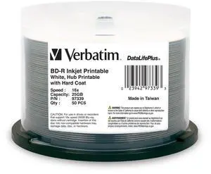 Verbatim BD-R 25GB 16X Blu-ray Recordable Media Disc DataLifePlus White Inkjet Hub Printable - 50pk Spindle - 97339