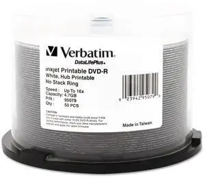 Verbatim DVD-R Blank Discs 4.7GB 16X DataLifePlus White Inkjet Printable Recordable Disc Hub Printable - 50pk Spindle 95079