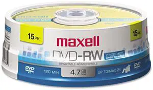 Maxell Dvd-Rw Rewritable Disc, 4.7 Gb, 2x, Spindle, Gold, 15/pack