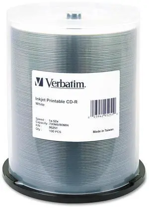 Verbatim CD-R 700MB 52X White Inkjet Printable Recordable Media Disc - 100pk Spindle