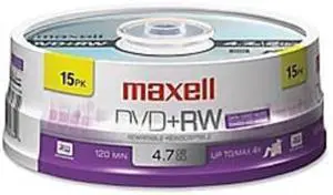 Maxell Dvd+rw Rewritable Disc, 4.7 Gb, 4x, Spindle, Silver, 15/pack