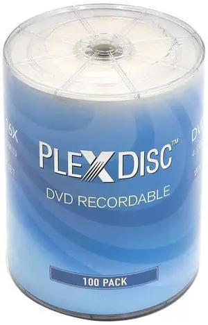 PlexDisc DVD-R 4.7GB 16X White Inkjet Hub Printable | 100 Pack Shrink Wrap (No Container) | Blank DVDs for Burning Video | Writable Media Discs