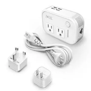 FOVAL Power Step Down 220V to 110V Travel Voltage Converter International Power Adapter for Hair Straightener/Curling Iron with 4-Port USB Charging US/UK/AU/EU Universal Plug Adapter (White)