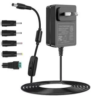 TKDY 12V 2A Power Supply Adapter with On/Off Switch & 5 Tips, 100-240V AC to DC 12 Volt 24W Converter, for LED Strip Light, CCTV Camera, Router, Speaker, LCD Monitor.