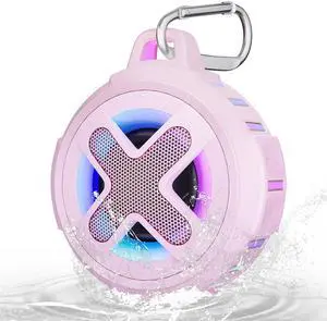 XLeader Pink Mini Bluetooth Speaker, Certified IPX7 Waterproof Shower Pool Floating Speaker with Lights, Clip, Mic, Crystal Sound&Bass, 2000mAh, for Beach Kayak Travel, Ideal Gifts for Teen Girl Women