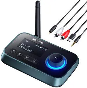 SOOMFON Bluetooth Transmitter for TV 3-in-1 Bluetooth 5.0 Transmitter Receiver for TV to 2 Headphones with LCD Display Adjustable Volume, Optical AUX RCA Bypass for Home Stereo Speaker