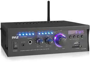 Pyle Wireless Bluetooth Home Stereo Amplifier - 2x120 Watt Power Amplifier Home Audio Bluetooth Receiver System w/Blue LED Display, AM/FM Radio, USB/SD, AUX, RCA, Headphone Jack - Remote - PCAU46BA