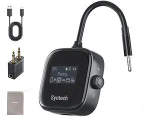 Syntech Airplane Bluetooth Transmitter Receiver 5.4 Adapter for 2 AirPods or Wireless Headphones, HD Display Low Latency 3.5mm AUX Jack Bluetooth Audio Adapter for Flying, TV, Car, Gym, Home Stereo