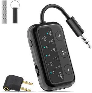 1Mii SafeFly Dot-Bluetooth 5.3 Transmitter Receiver for up 2 Headphones,AptX Low Latency/HD,Plane Travel Essentials,Wireless Audio Bluetooth Airplane Adapter for Flight,TV,Car,PC (Black)