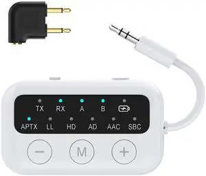 SafeFly Dot Bluetooth 5.3 Audio Transmitter Receiver for TV - AptX Low Latency, 25H Battery Life, Dual Pairing for 2 Airpods, 2-in-1 Wireless Adapter for Airplane, Car, Home Stereo, PC, MP3, Gym-White