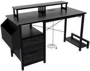 47.3" Computer Desk with power outlet,Monitor Stands,Shelves, Office Desk/Writing Table/Gaming desk With drawers,Large Side Pocket and Hooks,Easy to Assemble,Frame stability Reversible,Black