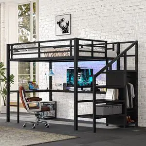 Full Size Loft Bed with L-shaped Desk and USB, Metal Loft Bed with Wardrobe and Adjustable Shelf, High Loft Bed with LED for Kids Teens Adults, Black