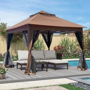Outdoor 11x 11Ft Pop Up Gazebo Canopy With Removable Zipper Netting,2-Tier Soft Top Event Tent,Suitable For Patio Backyard Garden Camping Area with 4 Sandbags,Brown