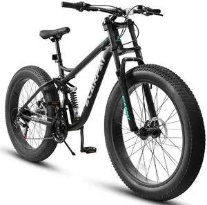 26 inch Mountain Bike,Full-Suspension 21 Speeds Drivetrain with Disc-Brake MTB Bicycle, 26*4" Fat tire Bike for Men