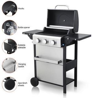 3-Burner Propane Gas BBQ Grill, 25650BTU Output With Wire Enamel Cooking Grids For Outdoor Barbecue, Foldable Side Table, Stainless Steel