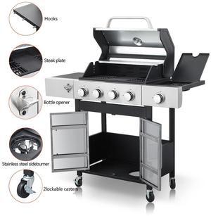 4-Burner Propane Gas BBQ Grill with Side Burner, 46790BTU Output With Enameled Cast Iron Cooking Grids For Outdoor Barbecue, Stainless Steel