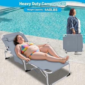 3-in-1 Heavy Duty Tanning Chair with Face Hole Adjustable 5-Position Folding Chaise Lounge Chairs for Outside Portable Lay Flat Beach Lounge Chair for Outdoor Sunbathing Patio Pool Lawn Camping Gray