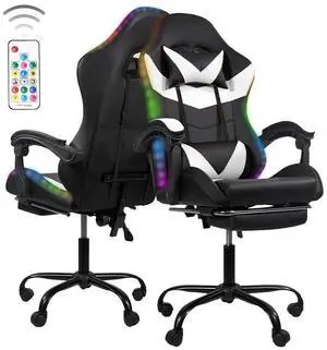 Gaming Chair RGB Lighting PU Leather w/Synced Armrests & 5-Star Metal Base Black-White