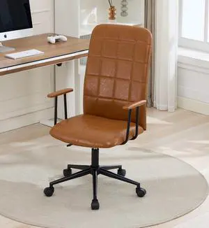 Brown PU leather color office chair, with armrest, high backrest, soft foam seating, 360 degree swivel , up and down adjustable gaslift,black powder coated frame,five star base, black wheels
