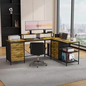 114" L-shaped Desk with Power Hub, Industrial Gaming Desk - 6 Drawers, Removable Monitor Stand, Rustic Brown Home Office 114" L-shaped Desk with Power Hub, Industrial Gaming Desk - 6 Drawers, Removable Monitor Stand, Rustic Brown Home Office
