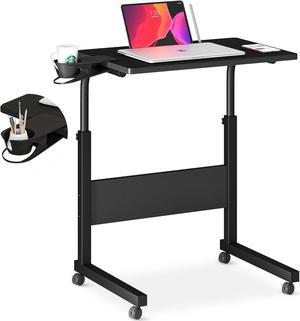 Standing Desk Adjustable Height, Stand Up Desk with Cup Holder, Portable Laptop Desk, Mobile, Small Computer Desk, Bedside Table, Black Rolling Desk, Work Desk for Home Office