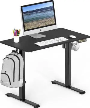 Small Electric Height Adjustable Sit Stand Desk with Hanging Hooks and Cable Management, 40 x 22 Inches, Black Frame and Black Top Small Electric Height Adjustable Sit Stand Desk with Hanging Hooks and Cable Management, 40 x 22 Inches, Black Frame and Black Top