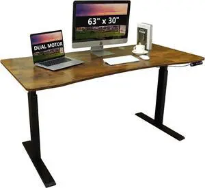 Dual Motor Electric Standing Desk, 63 x 30 Inch Height Adjustable Sit Stand Table with Splice Board, Stand up Home Office Desk, Black Frame/Rustic Brown Top Dual Motor Electric Standing Desk, 63 x 30 Inch Height Adjustable Sit Stand Table with Splice Board, Stand up Home Office Desk, Black Frame/Rustic Brown Top