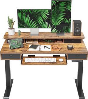 FEZIBO Height Adjustable Electric Standing Desk with 4 Drawers and Keyboard Tray, 48 x 24 Inch Table with Storage Shelf, Sit Stand Desk with Splice Board, Rustic Brown