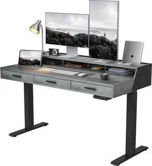 Electric Standing Desk with 3 Drawers&Monitor Shelves, 55 x 26 Inches Splice Board Sit Stand Up Home Office Desks, Black Frame/Rustic Grey Top Electric Standing Desk with 3 Drawers&Monitor Shelves, 55 x 26 Inches Splice Board Sit Stand Up Home Office Desks, Black Frame/Rustic Grey Top