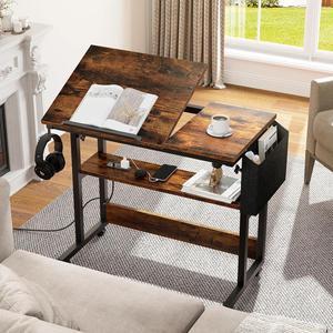 Height Adjustable Table with Charging Station, Portable Desk with Wheels, Small Standing Rolling Computer Desk with Tiltable Tabletop and Storage Bag, Brown