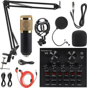 Condenser Microphone Bundle, Live Sound Card, Adjustable Boom Arm, Shock Mount, Metal Mic Pop Filter, Sponge Pop Filter Cover, Earphone, Audio Cables and Power Cable, Set of 11 Mic Kit Condenser Microphone Bundle, Live Sound Card, Adjustable Boom Arm, Shock Mount, Metal Mic Pop Filter, Sponge Pop Filter Cover, Earphone, Audio Cables and Power Cable, Set of 11 Mic Kit