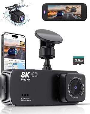 Dash Cam Front and Rear, 8K Ultra HD Dash Camera for Cars, Dash cam with APP,Car Camera with 32GB Card, Built-in Wi-Fi & GPS, 3.16IPS Screen, WDR, 170°Wide Angle, 24H Parking Mode