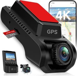 Dash Cam Front and Rear, 4k+1080P Dual Dash Camera for Cars, WiFi GPS Mini Car Camera, 2.0 Display Dashcam, App, 170° Wide Angle, Night Vision, G-Sensor, Free 32G Card