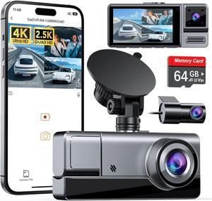 3 Channel WiFi Dash Cam with 64GB Card, 4K+1080P Dash Cam Front and Rear, 4K+1080P Front Inside Car Camera, 2.5K+1080P+1080P Three Way Dash Camera for Cars, 24H Parking Mode, 256GB Max Support